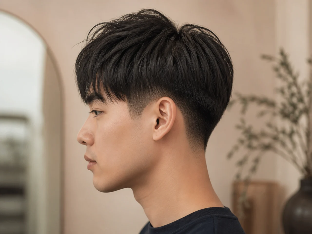 Korean two block with subtle low taper fade at the sideburn on straight black hair