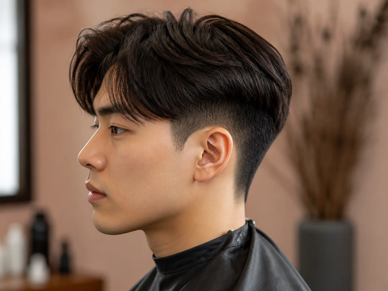 Korean two block with mid fade at the temple on straight black hair