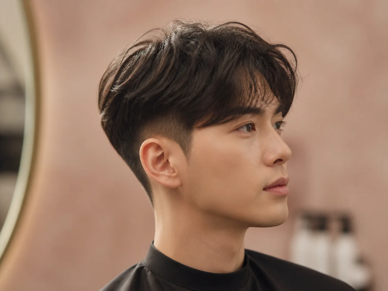 Korean two block undercut with hard-line disconnect at the temple on straight black hair