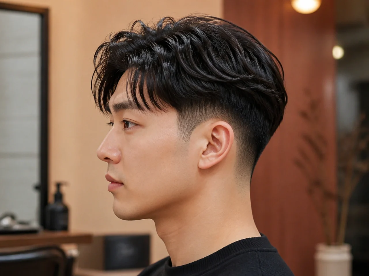 Korean two block with drop fade curving down behind the ear on straight black hair