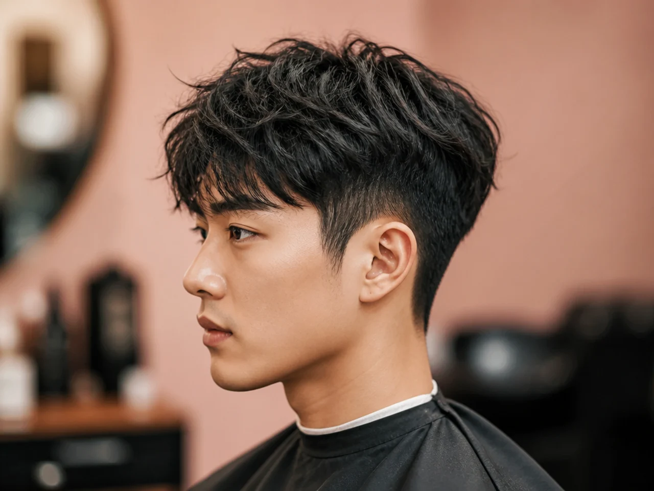 Textured Korean two block with point-cut ends and piecey top on straight black hair