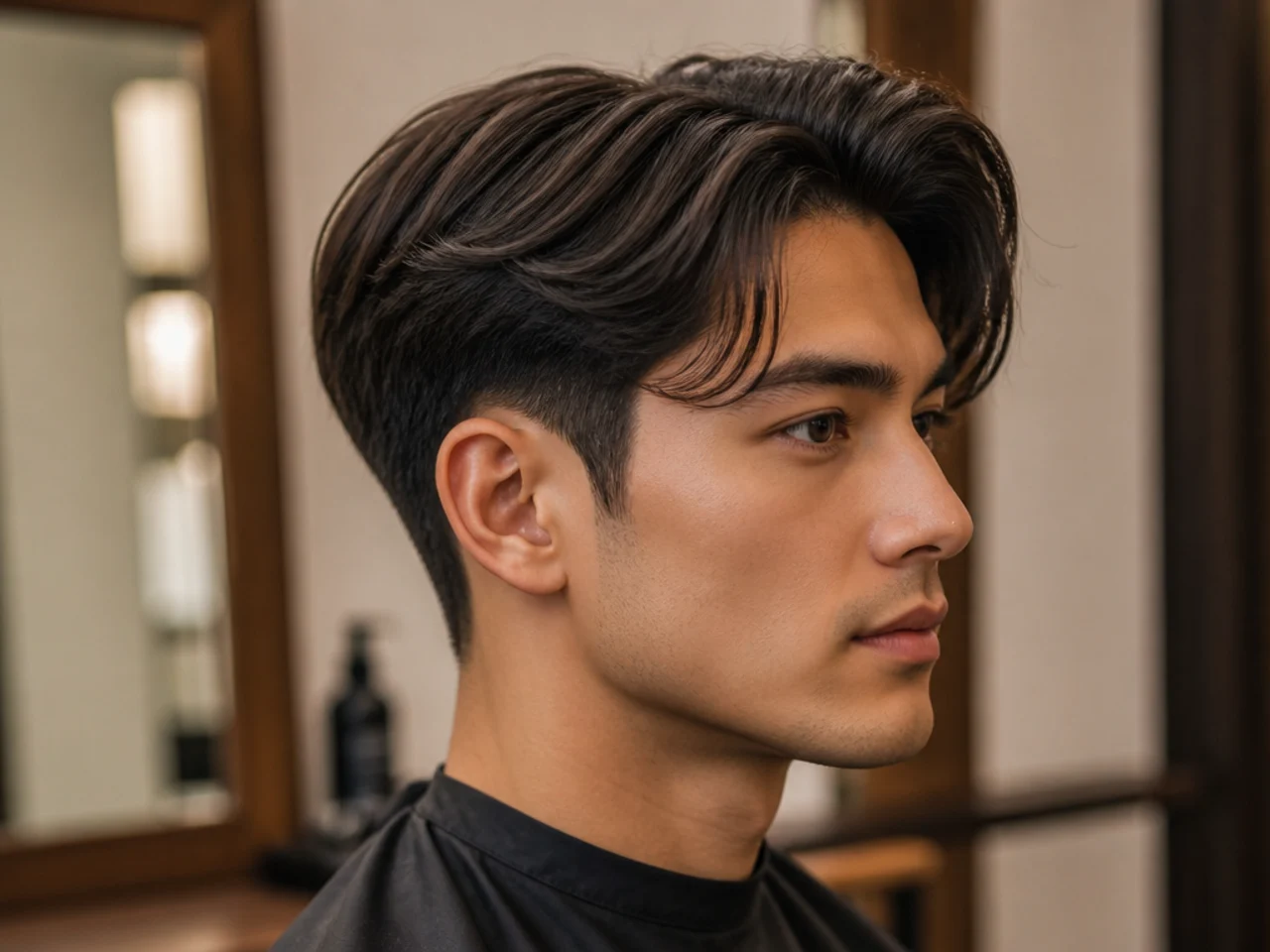 Side-part Korean two block with a firm hard side part built into the shape on straight black hair