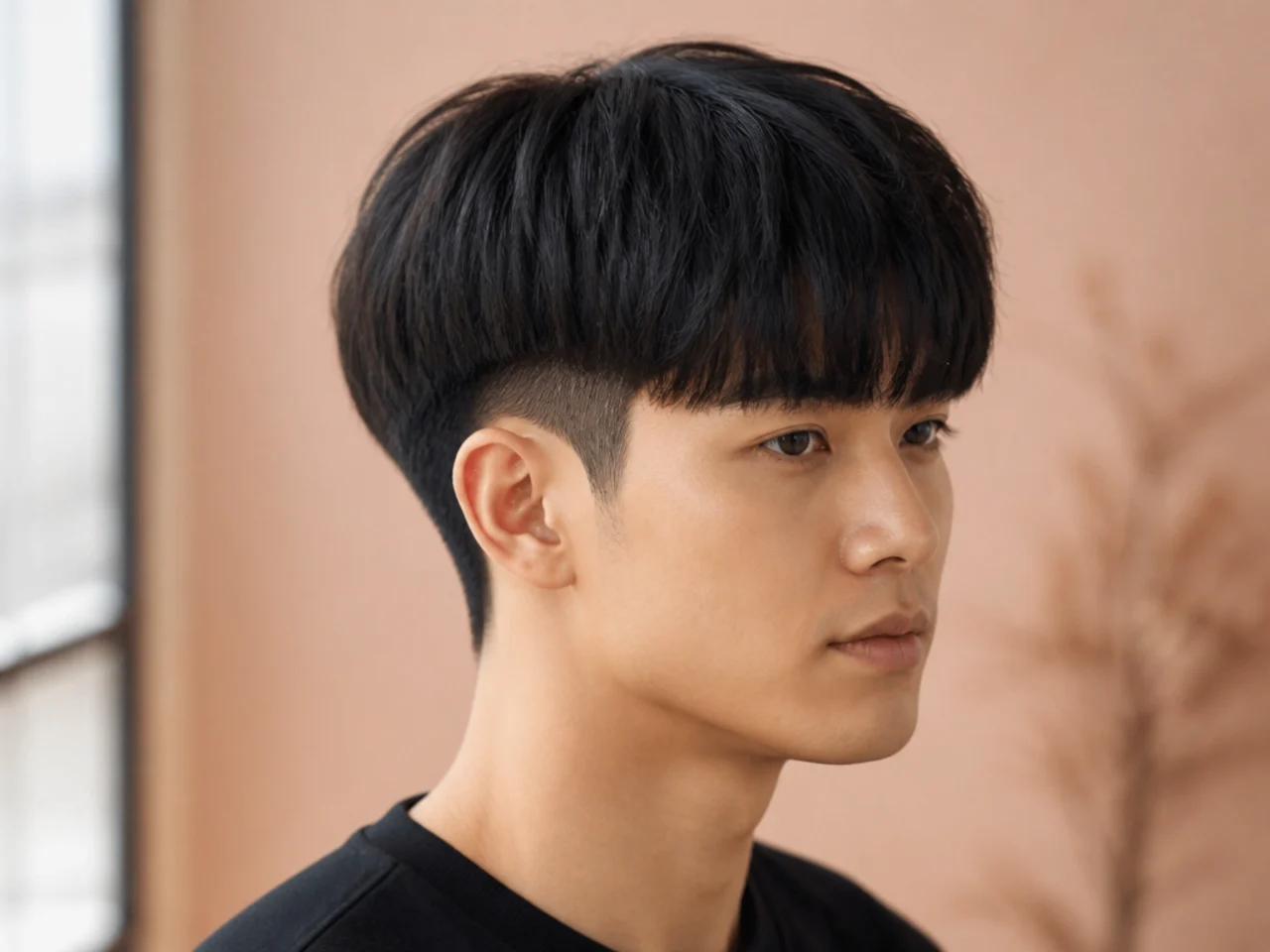 Korean two block bowl cut with rounded perimeter skimming the eyebrows on straight black hair