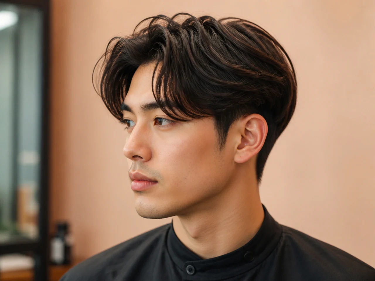 Curtain-front Korean two block with center-parted fringe falling across the forehead on straight black hair