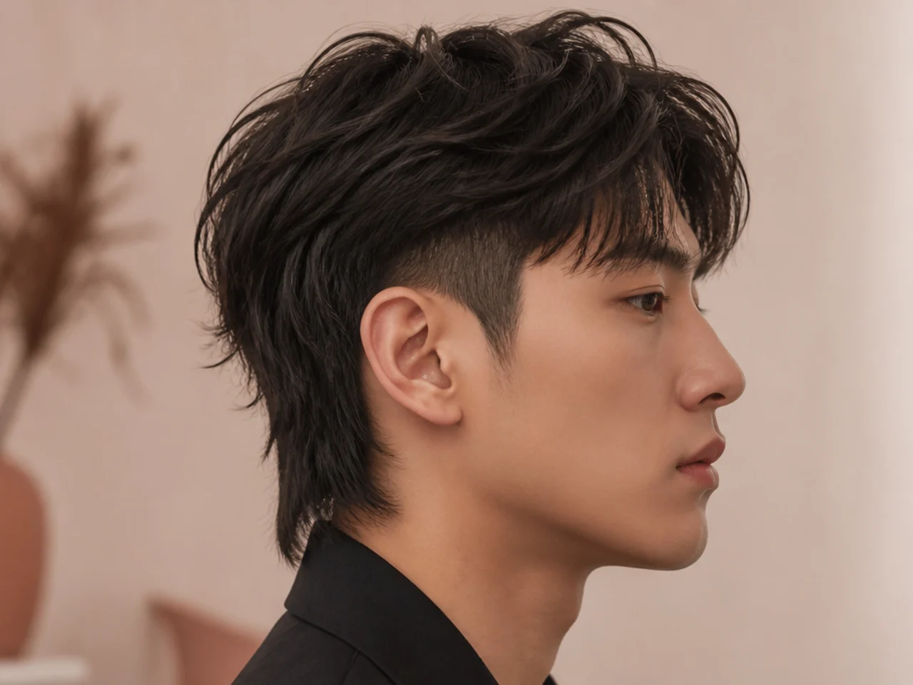 Korean two block mullet with hidden sides and long back past the collar on wavy black hair