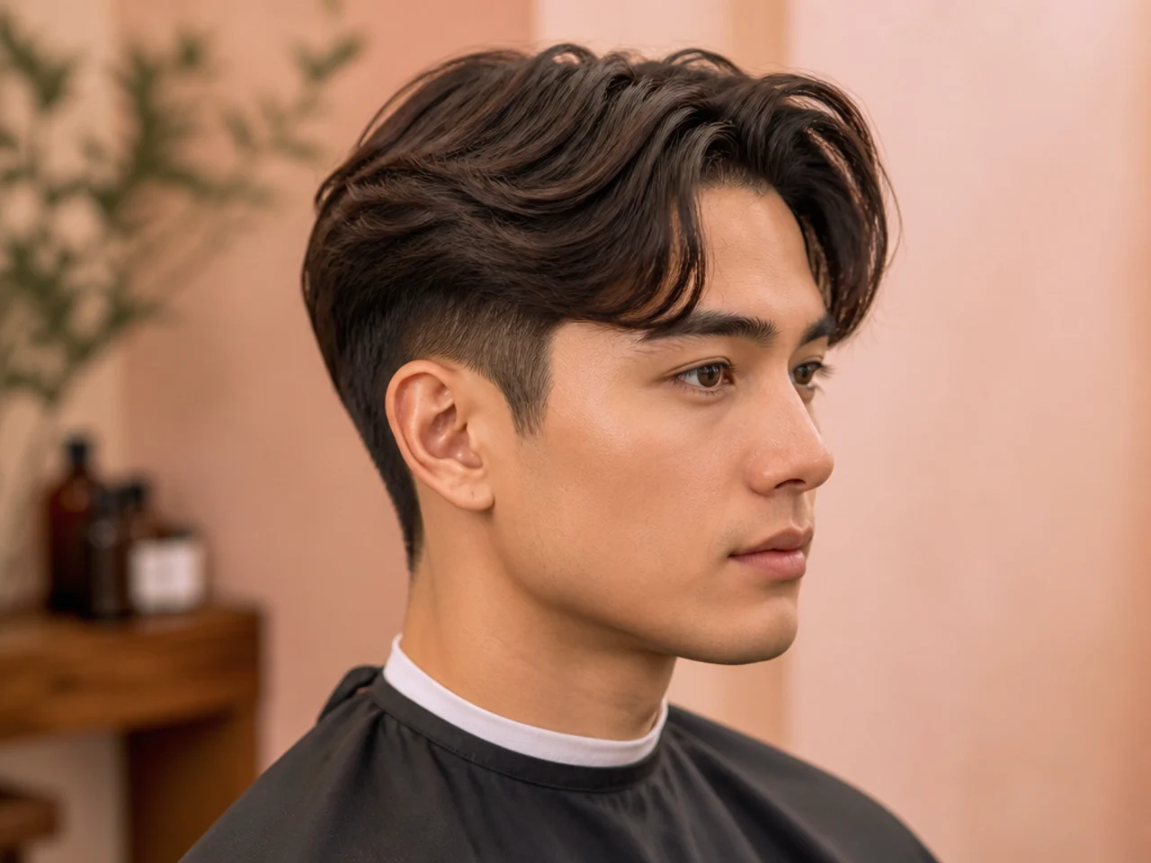 Comma-front Korean two block with a curled front hook toward the dominant eye on straight black hair