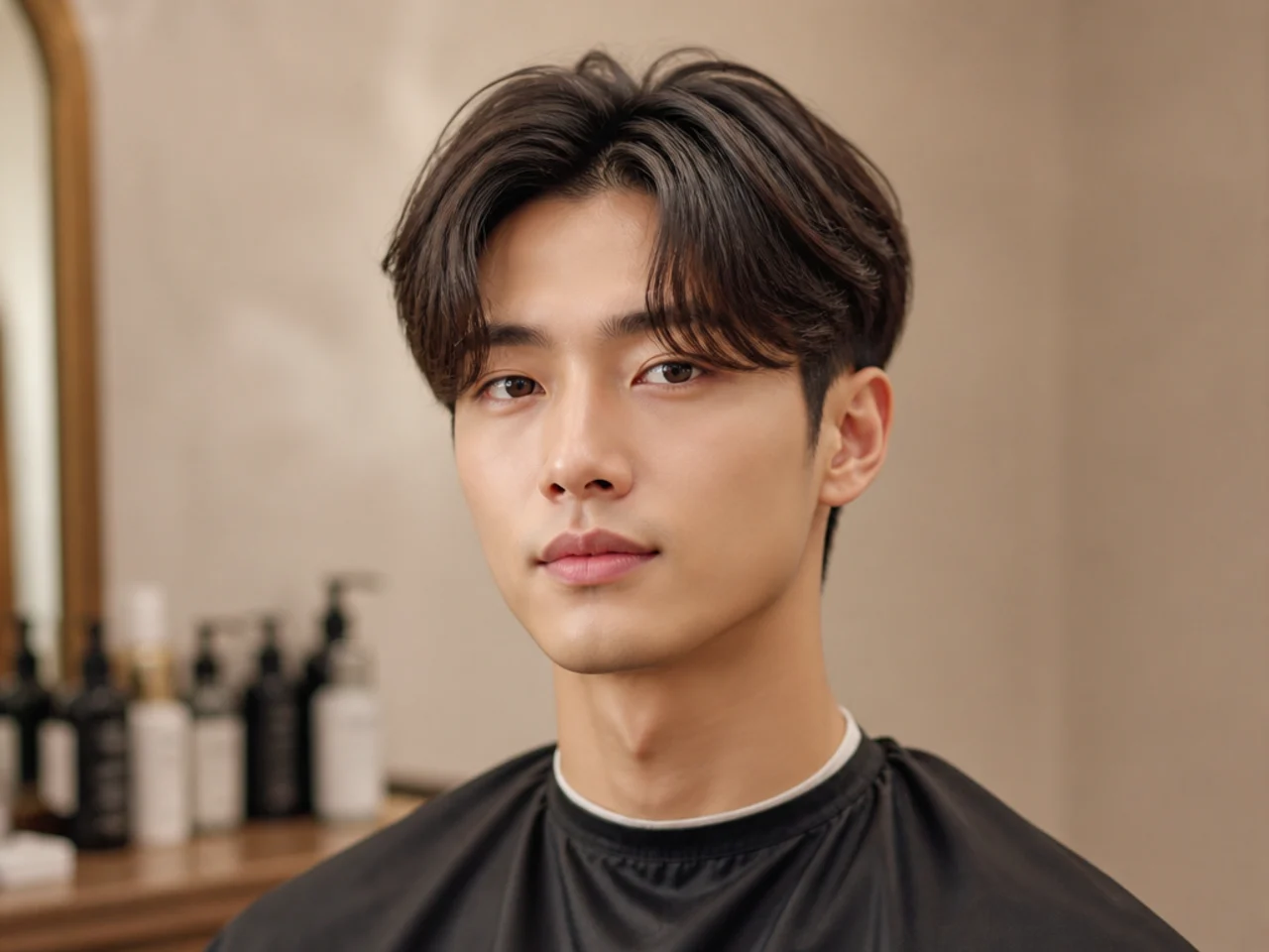 Middle part Korean two block with 4 inches on top parted straight down the center on straight black hair