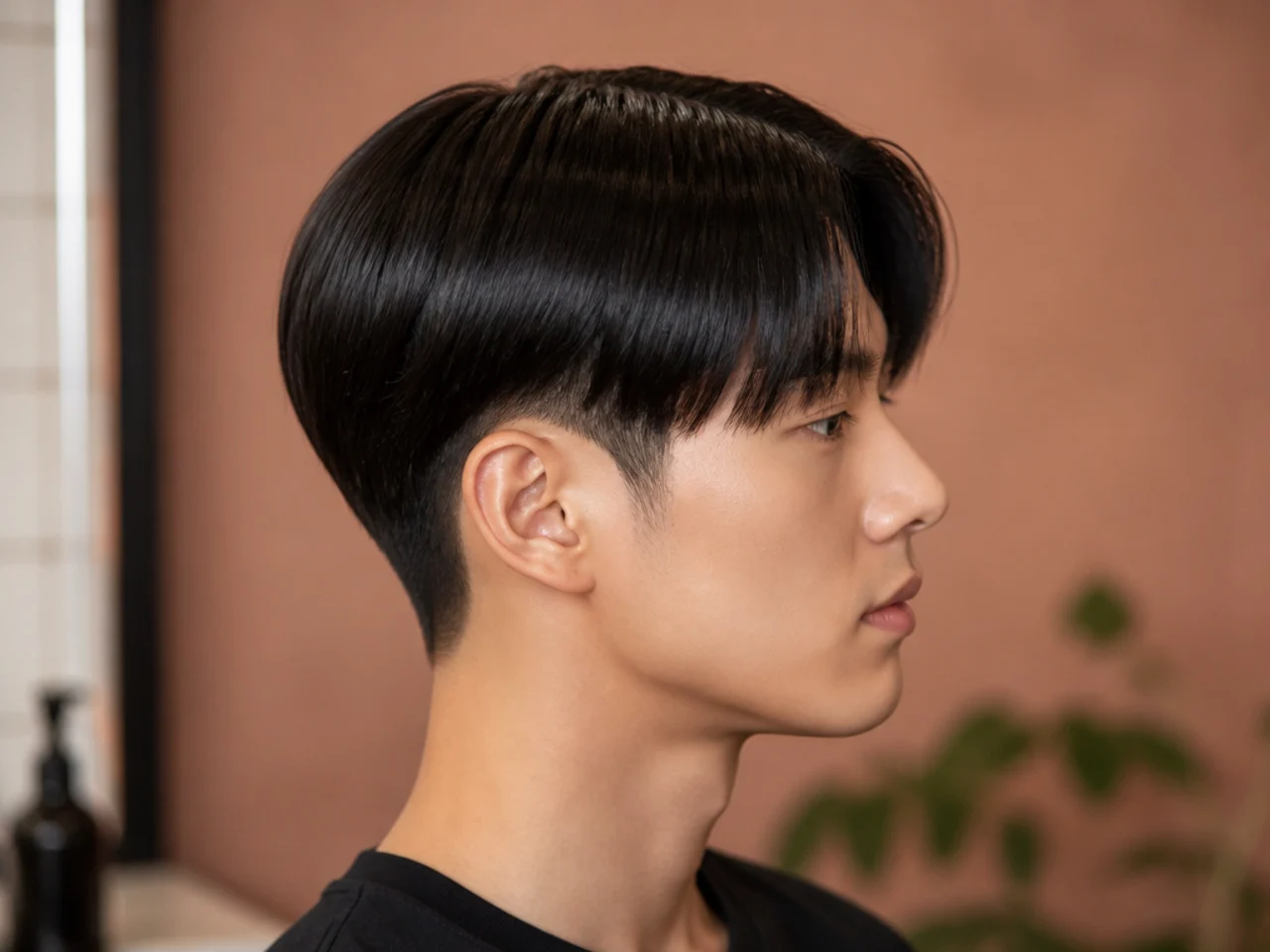 Straight silky Korean two block with sleek glossy top and hidden buzz sides on straight black hair