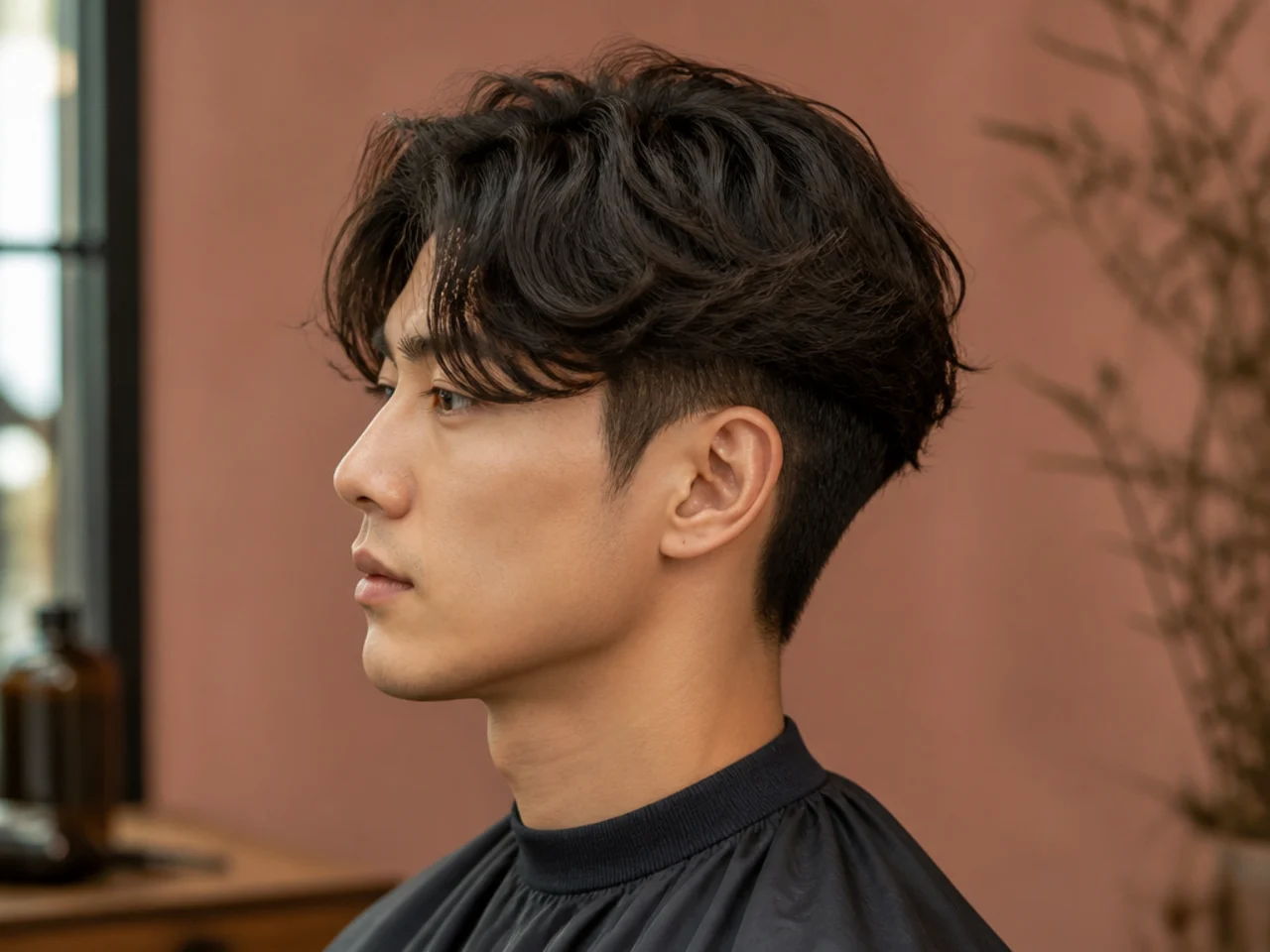 Wavy Korean two block with natural wave through the top layer on medium wavy black hair