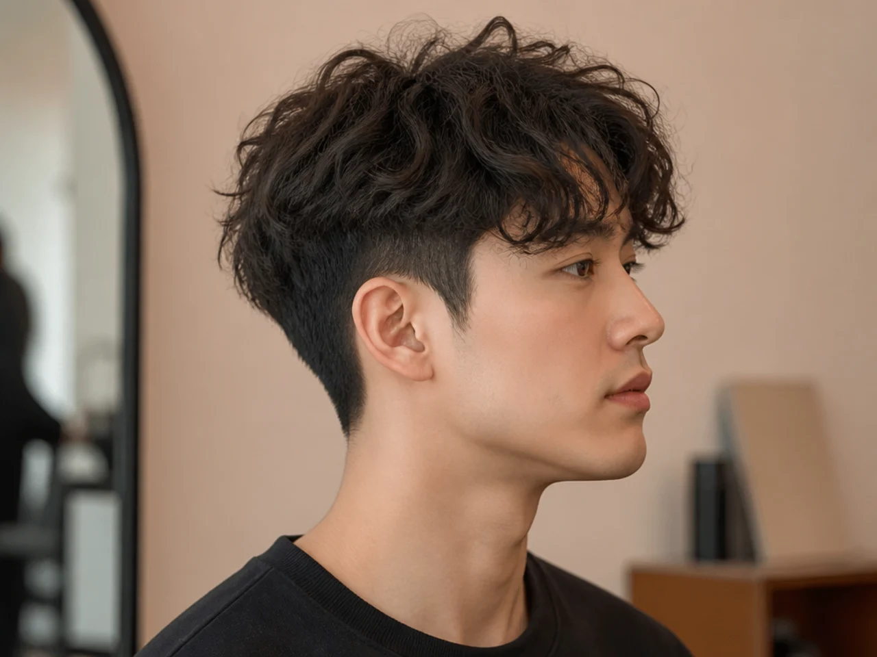 Permed Korean two block with soft root volume and natural movement on straight black hair