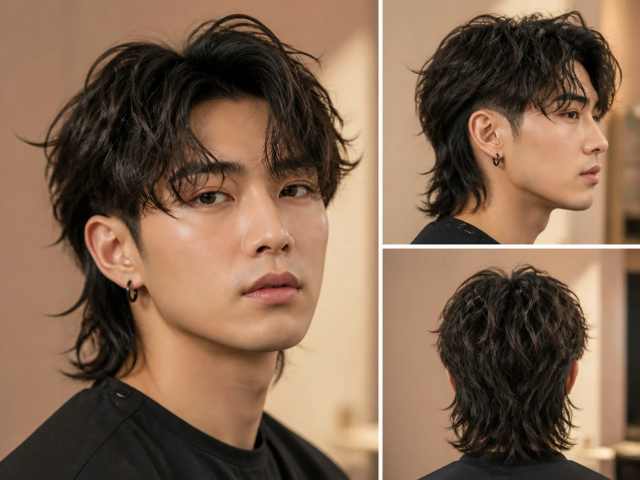 Wolf perm Korean two block with defined wave through every layer on straight-turned-wavy black hair