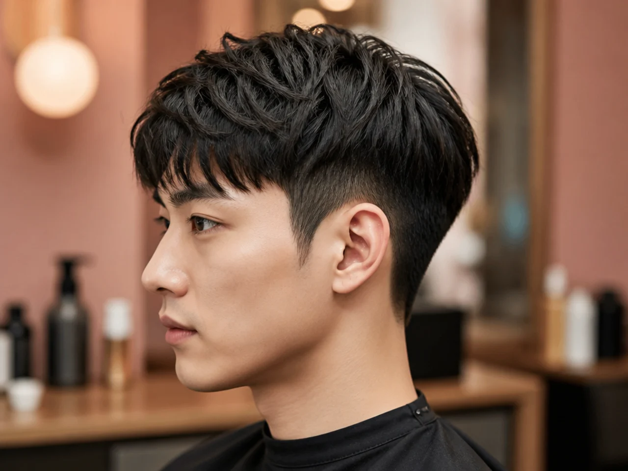 Short Korean two block with 1 inch on top and clean hidden sides on straight black hair