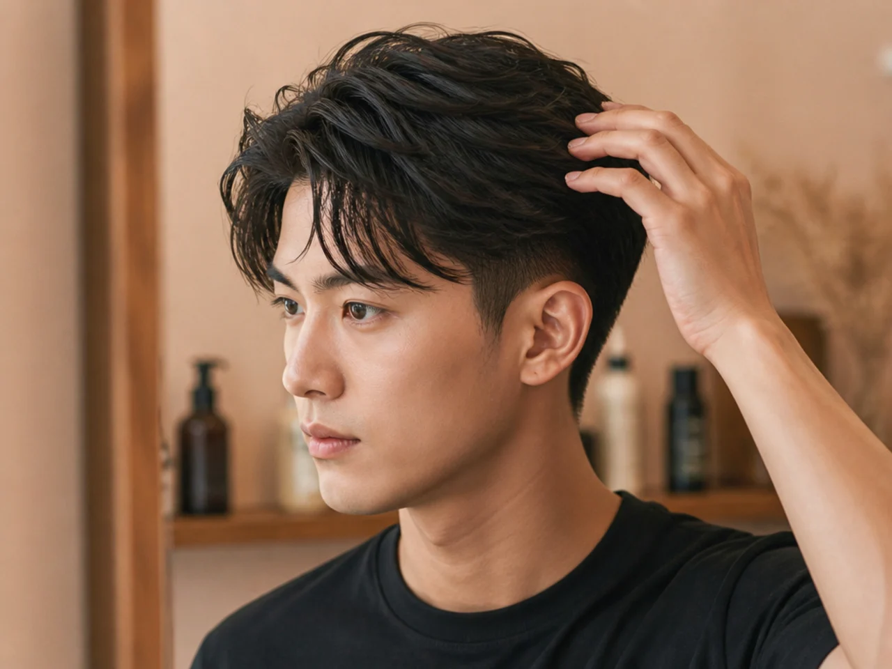 Round brush matte cream and light hairspray for styling a Korean two block haircut