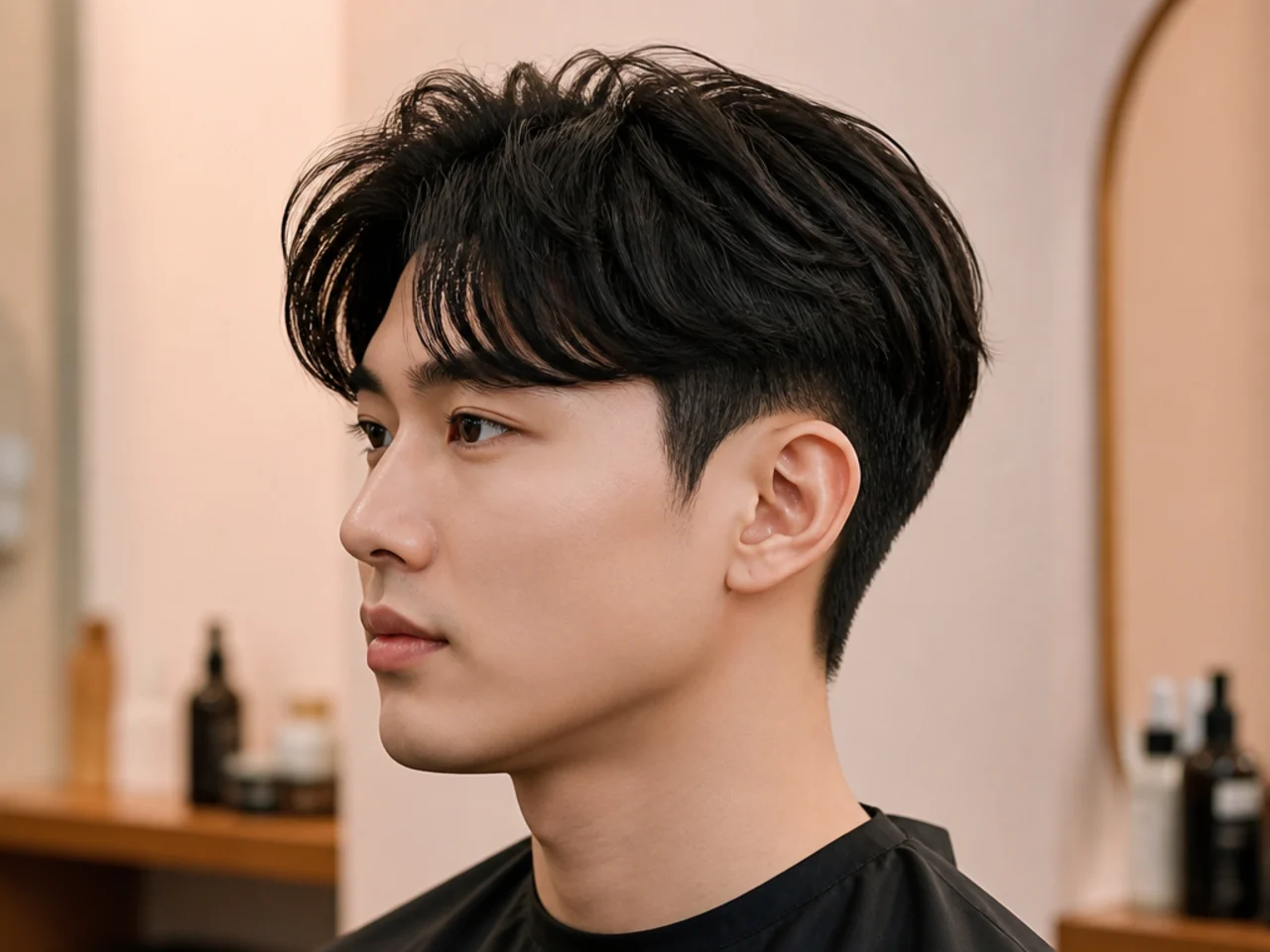 Korean two block haircut with long straight top falling over hidden clipper sides on straight black hair