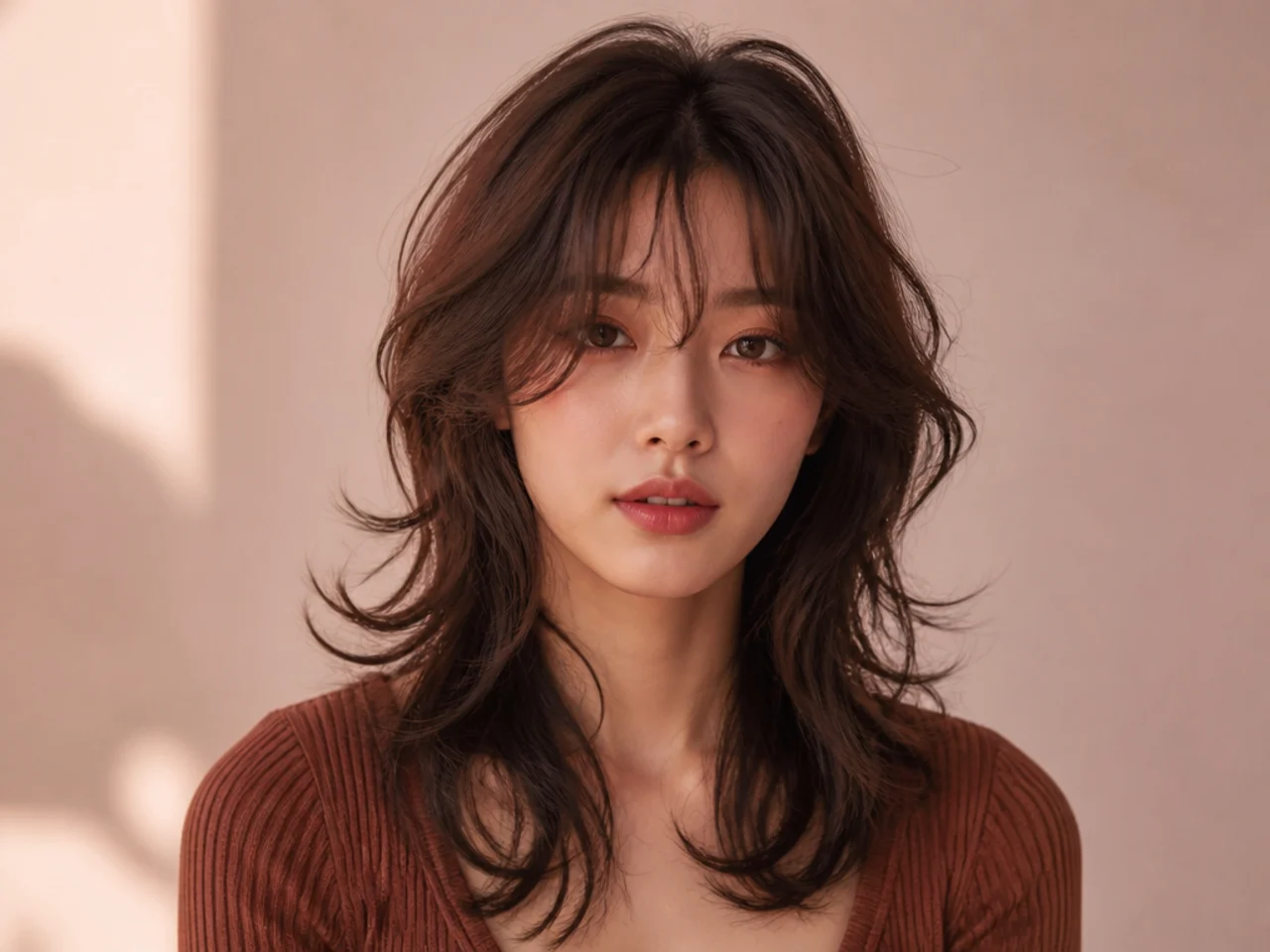 A Korean wolf cut on wavy hair