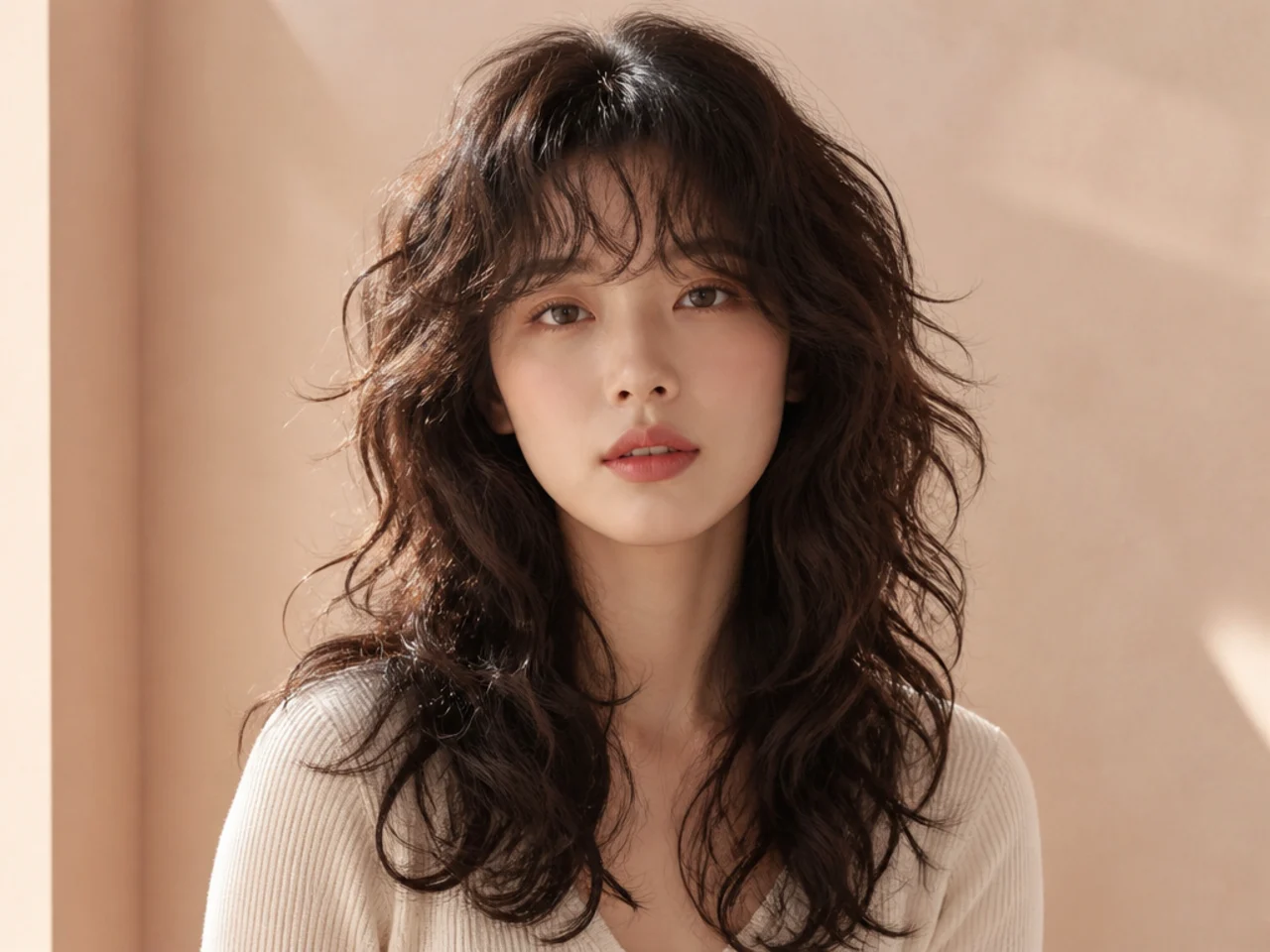 A Korean wolf cut on curly hair