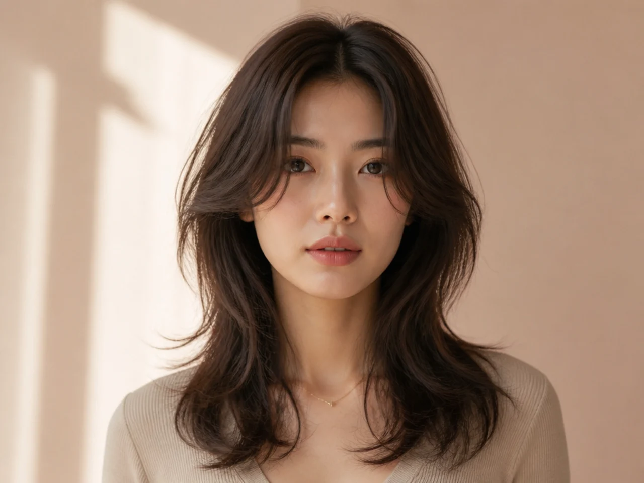 A wolf cut with a middle part