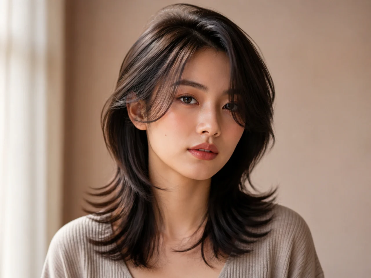 A wolf cut with a side part