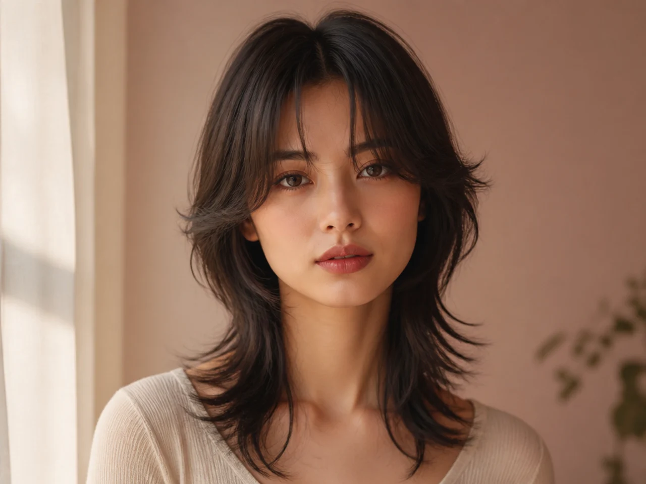 A wolf cut with curtain bangs