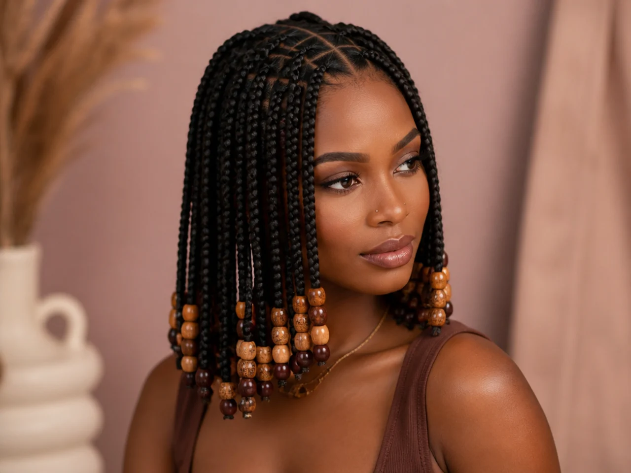 Beads on shoulder-length knotless braids