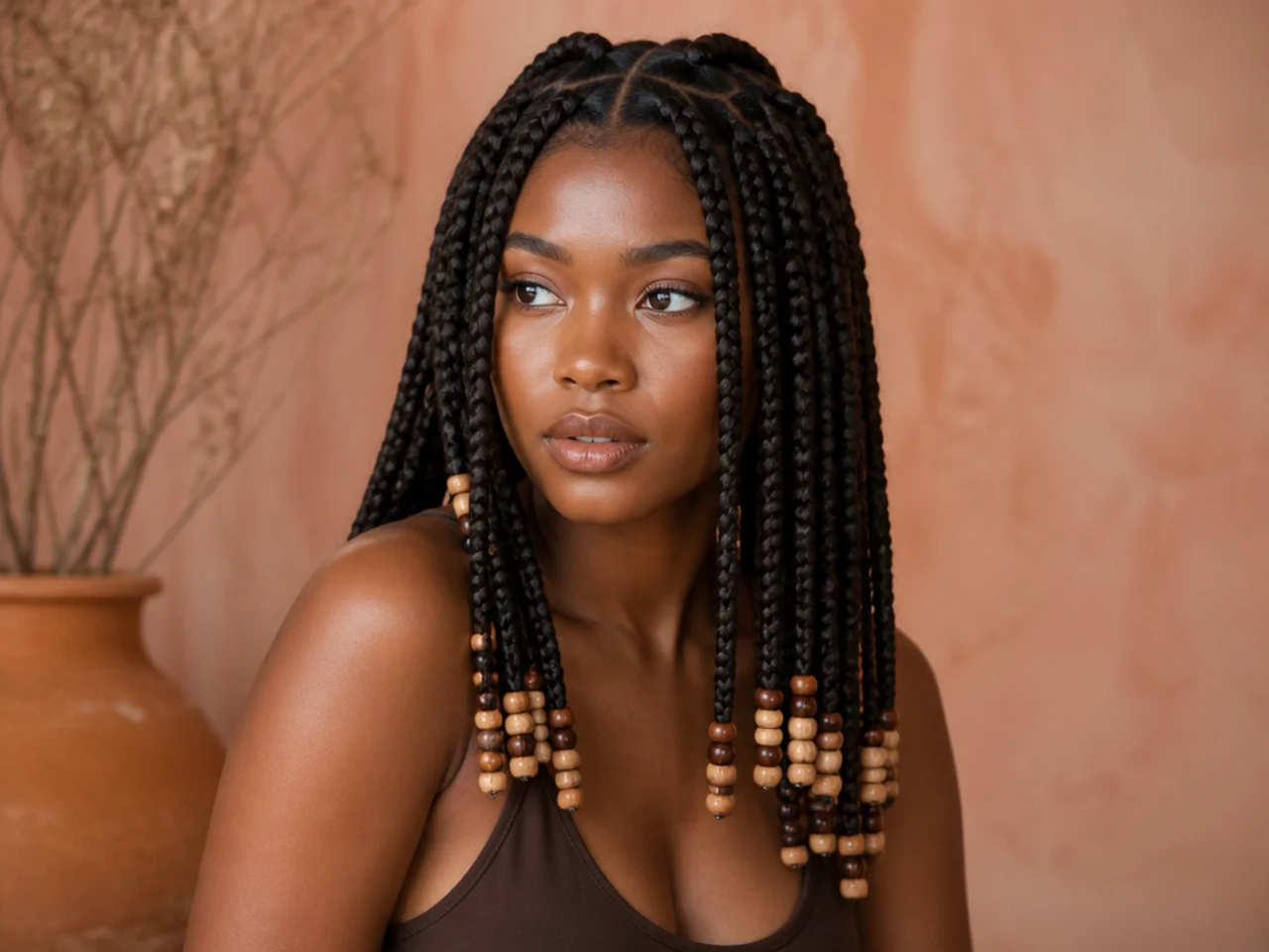 Wooden beads on natural-coloured braids