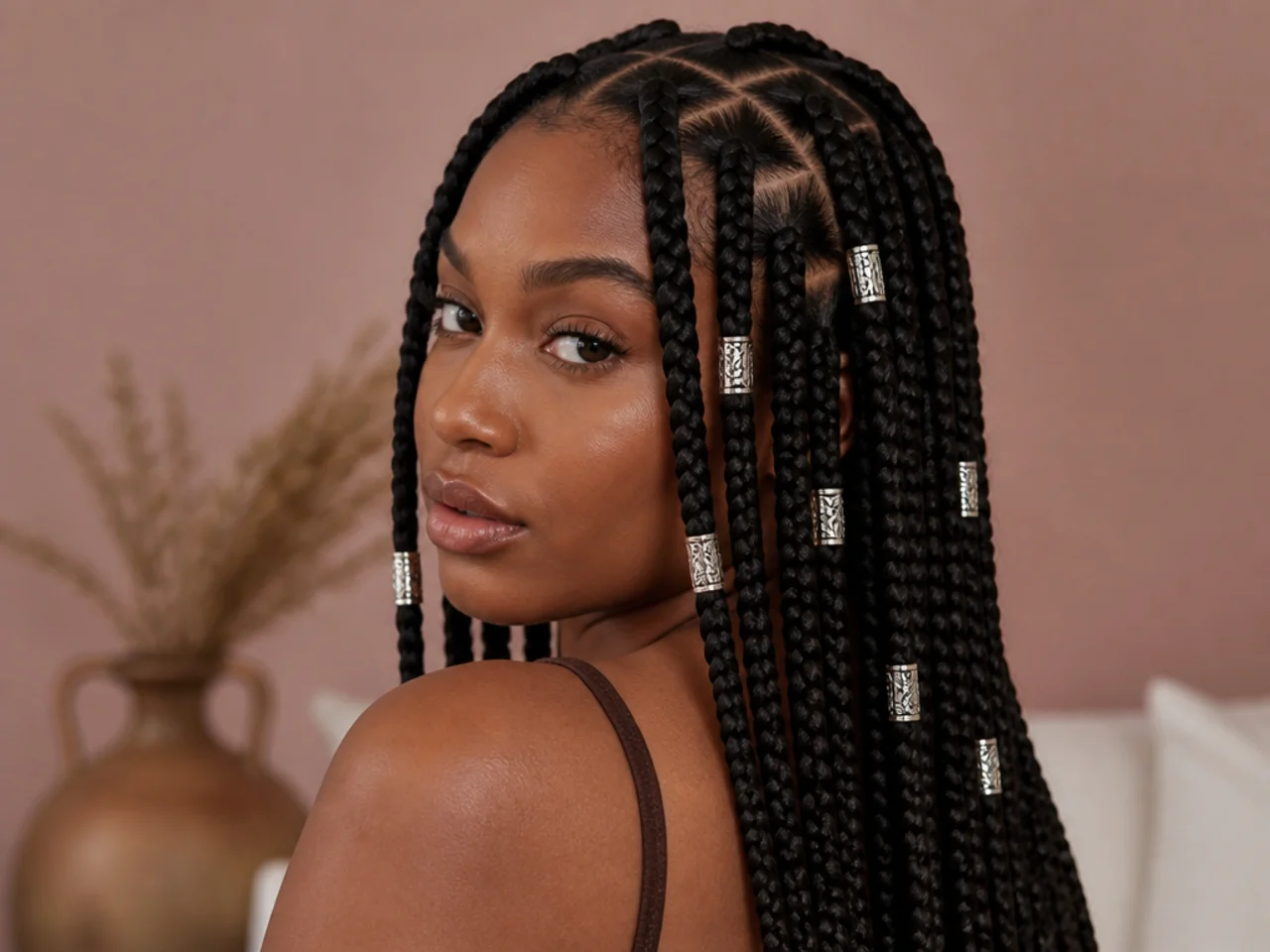 Silver beads on dark large knotless braids