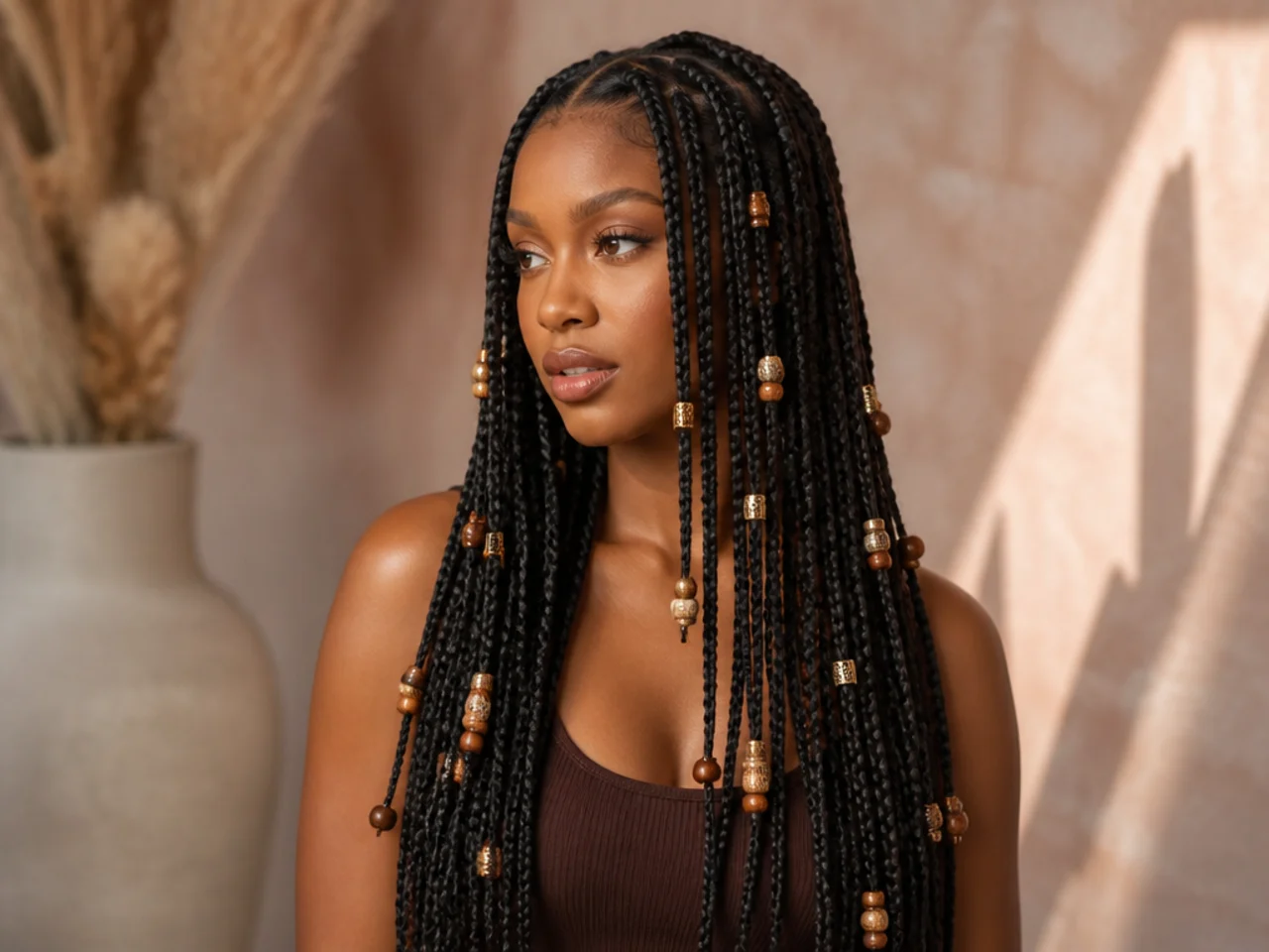 Beads scattered at different heights along braids