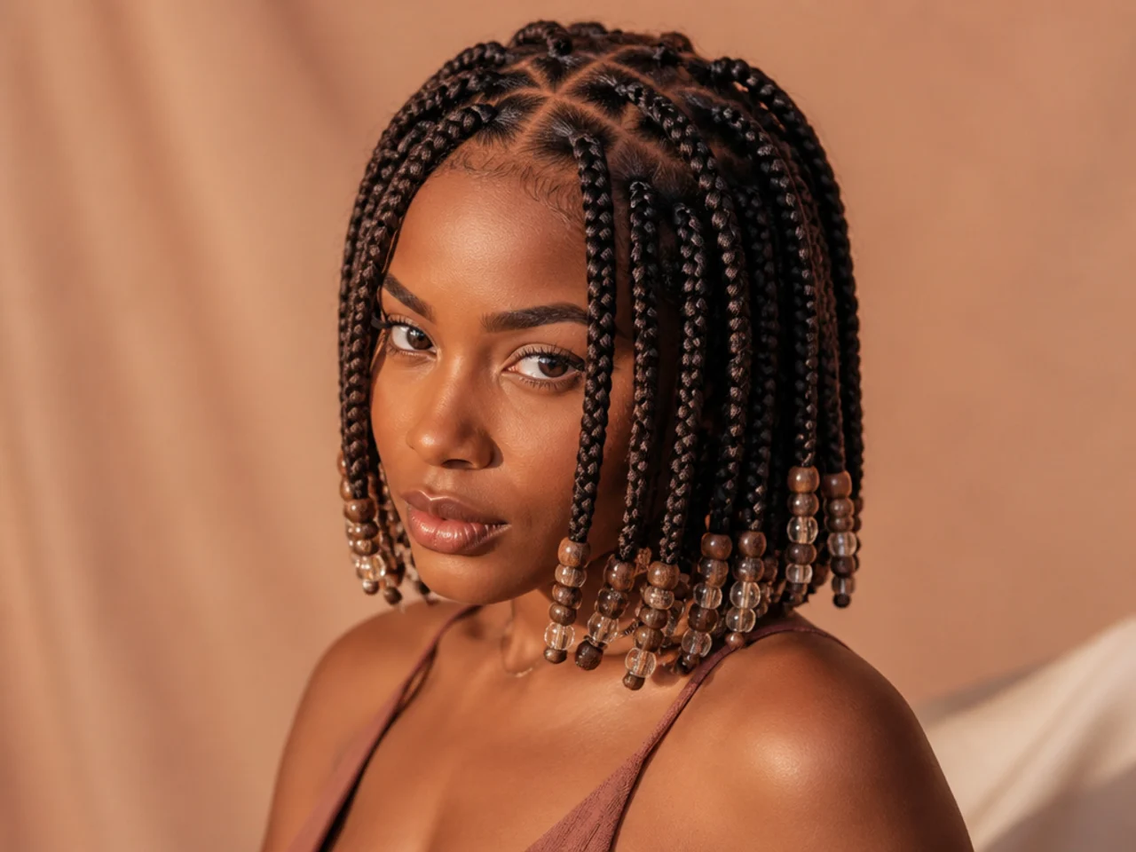 Beads on a short braid bob