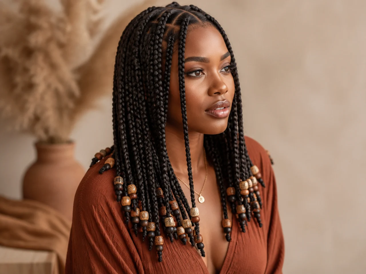 Three-quarter view of finished beaded knotless braids