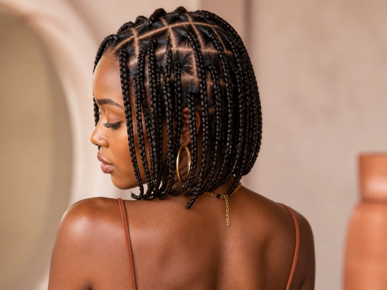 Braid bob with a curved parting grid