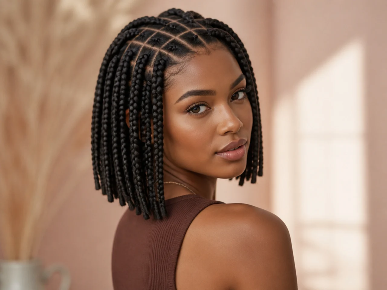 Braid bob with a square parting grid