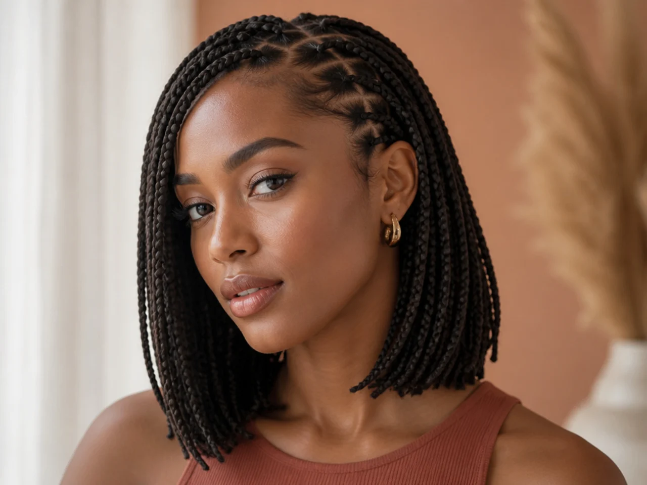 Braid bob tucked behind one ear