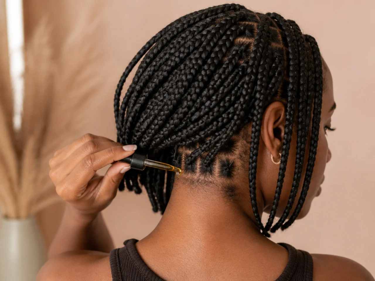 Scalp oil applied along the nape partings of a braid bob