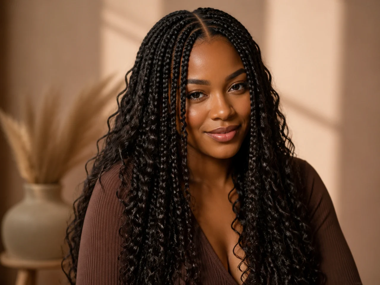 Curly knotless braids with a centre parting