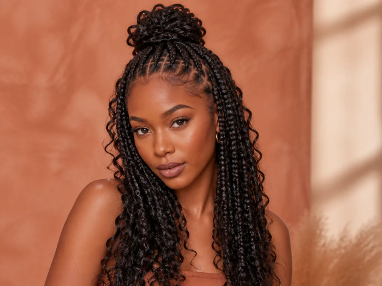 Curly knotless braids worn half up
