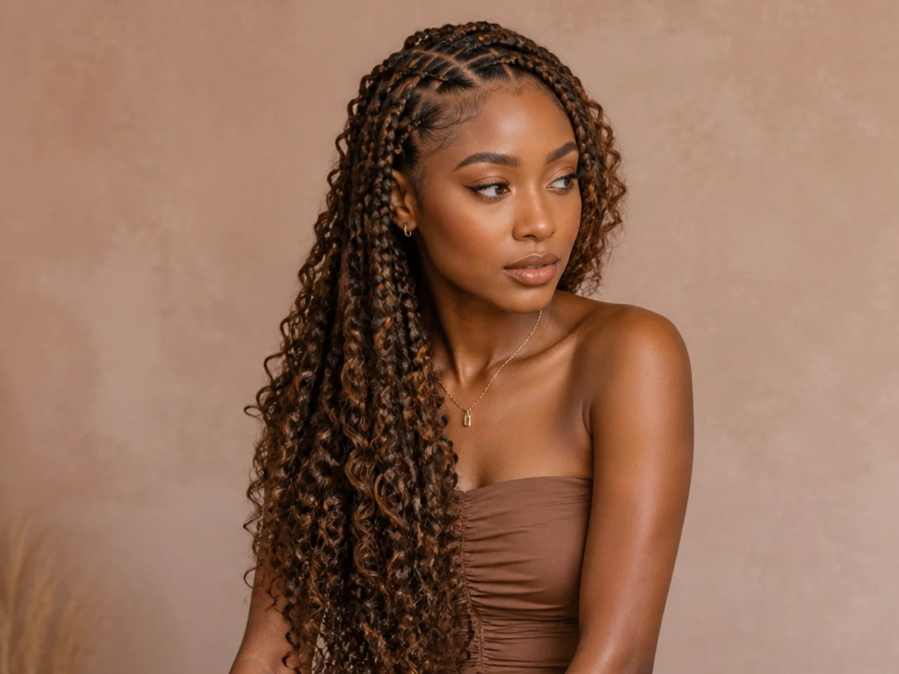 Curly braids gathered over one shoulder