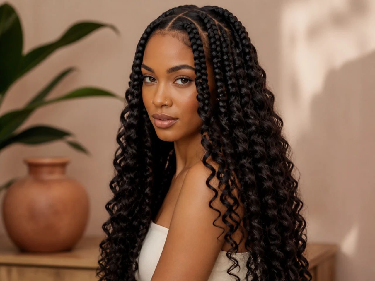 Deep wave curly large knotless braids