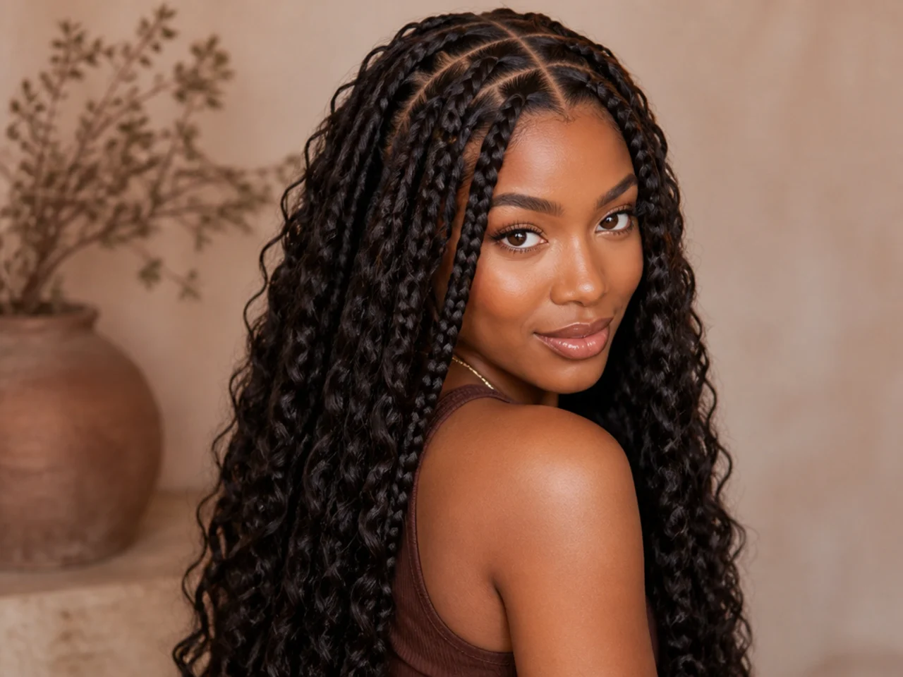 Water wave curly large knotless braids