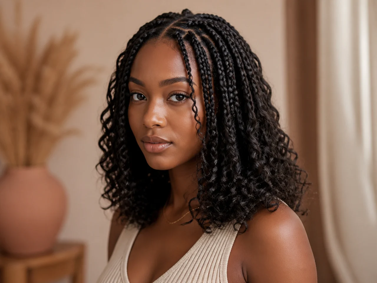 Shoulder-length curly knotless braids