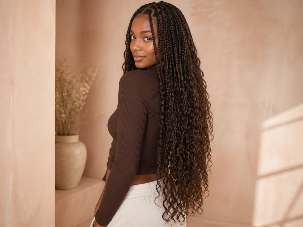 Waist-length French curl braids