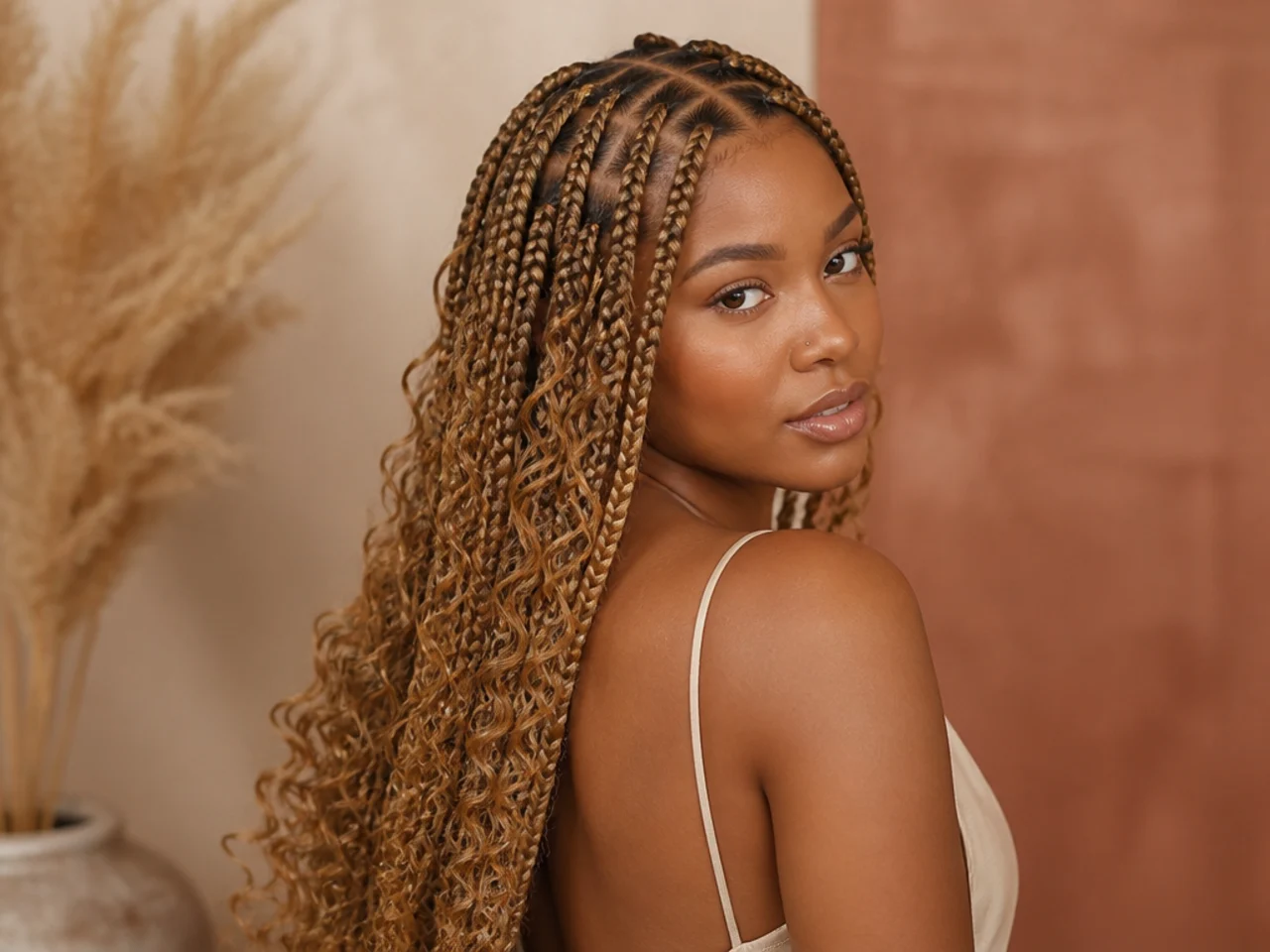 Honey blonde curly knotless braids