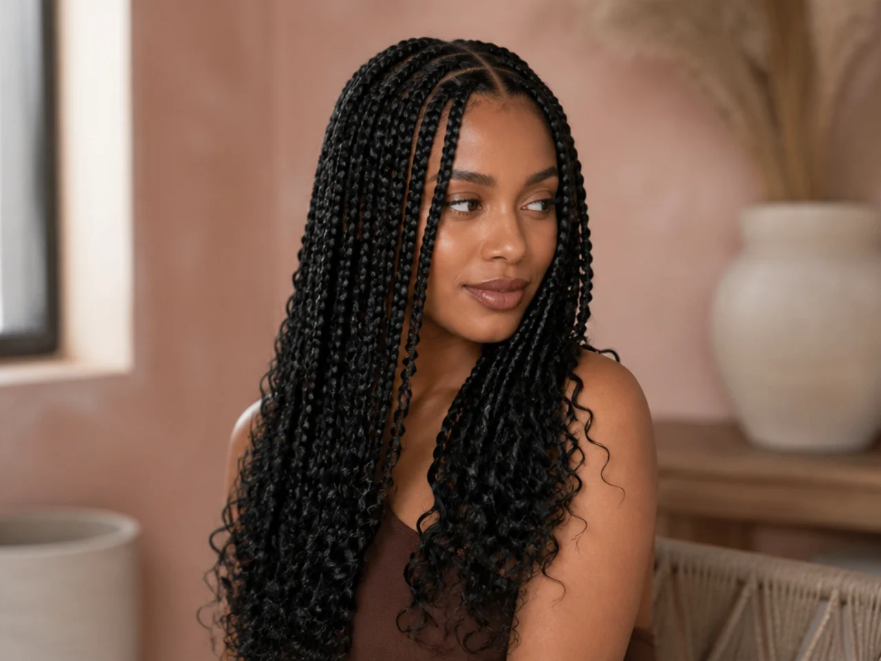 Three-quarter view of finished curly knotless braids