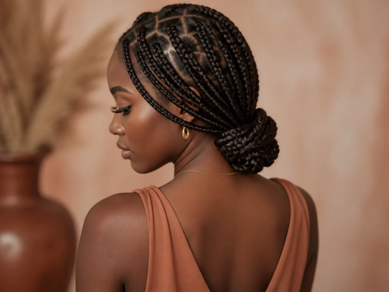 Braids tied in a loose knot at the nape