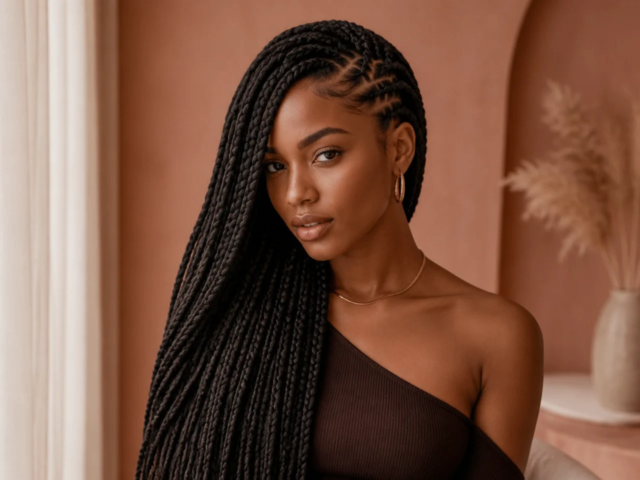 Braids swept deeply to one side