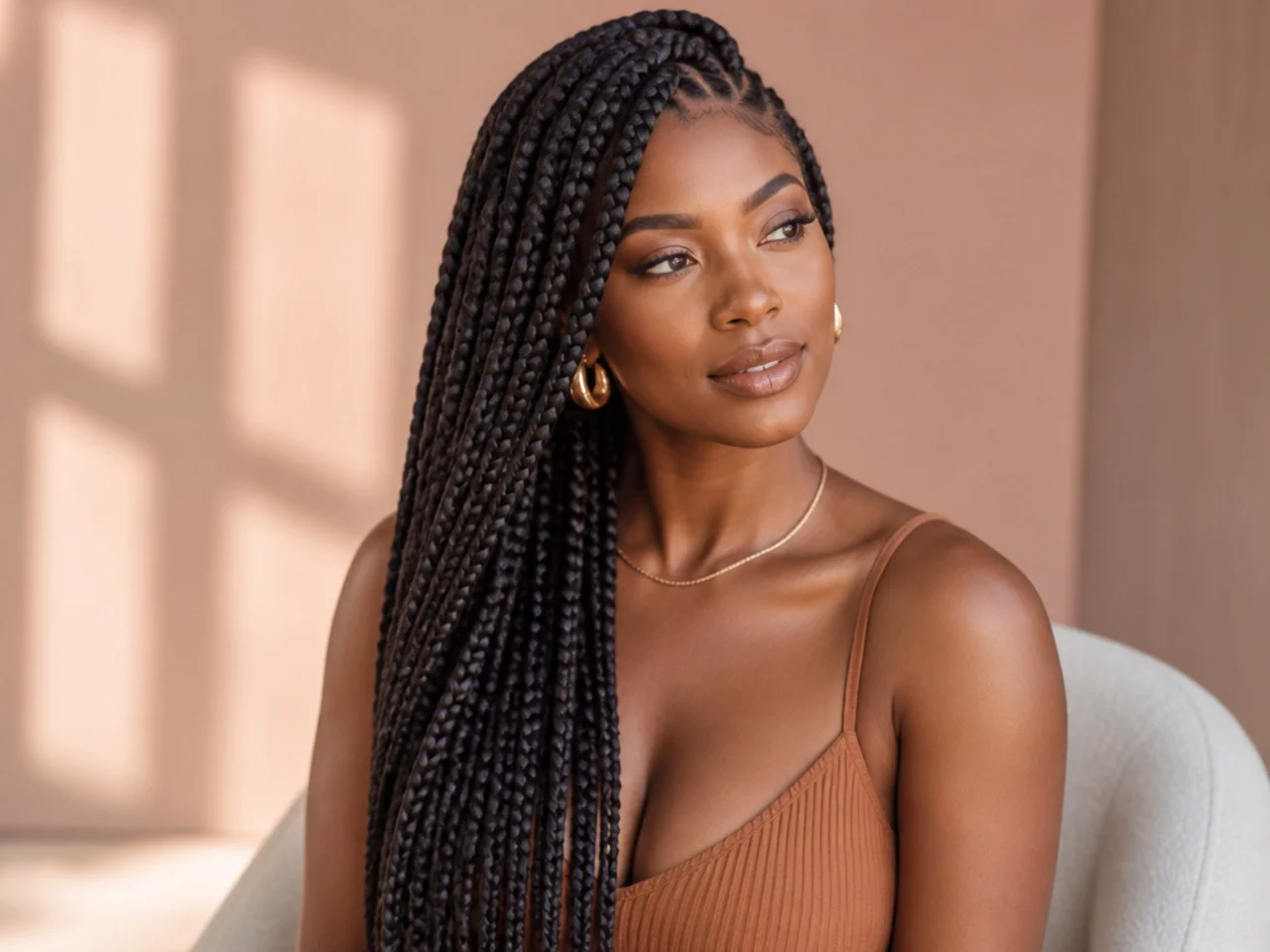 Braids gathered over one shoulder