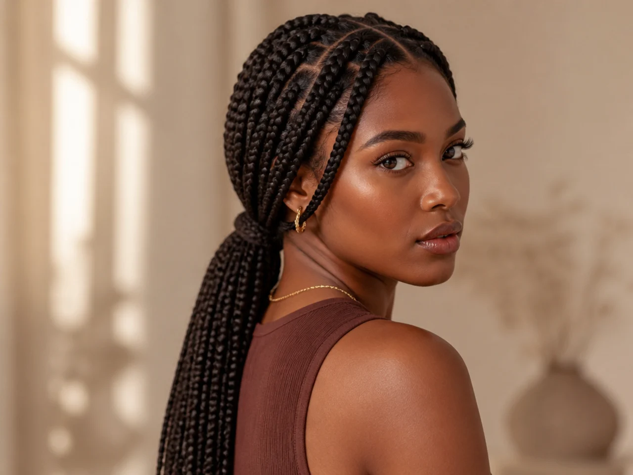 Large knotless braids in a low ponytail
