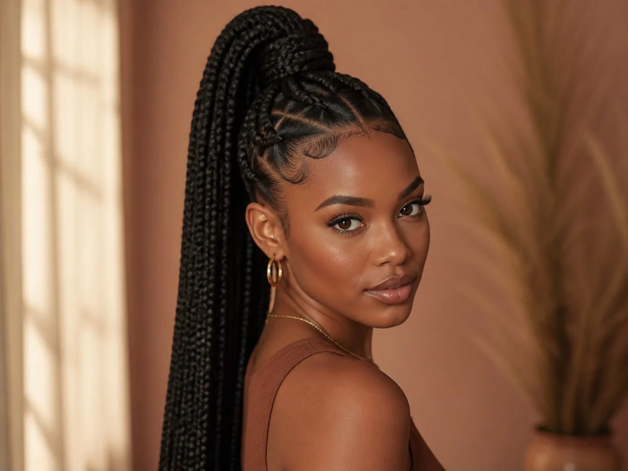 Large knotless braids in a high ponytail