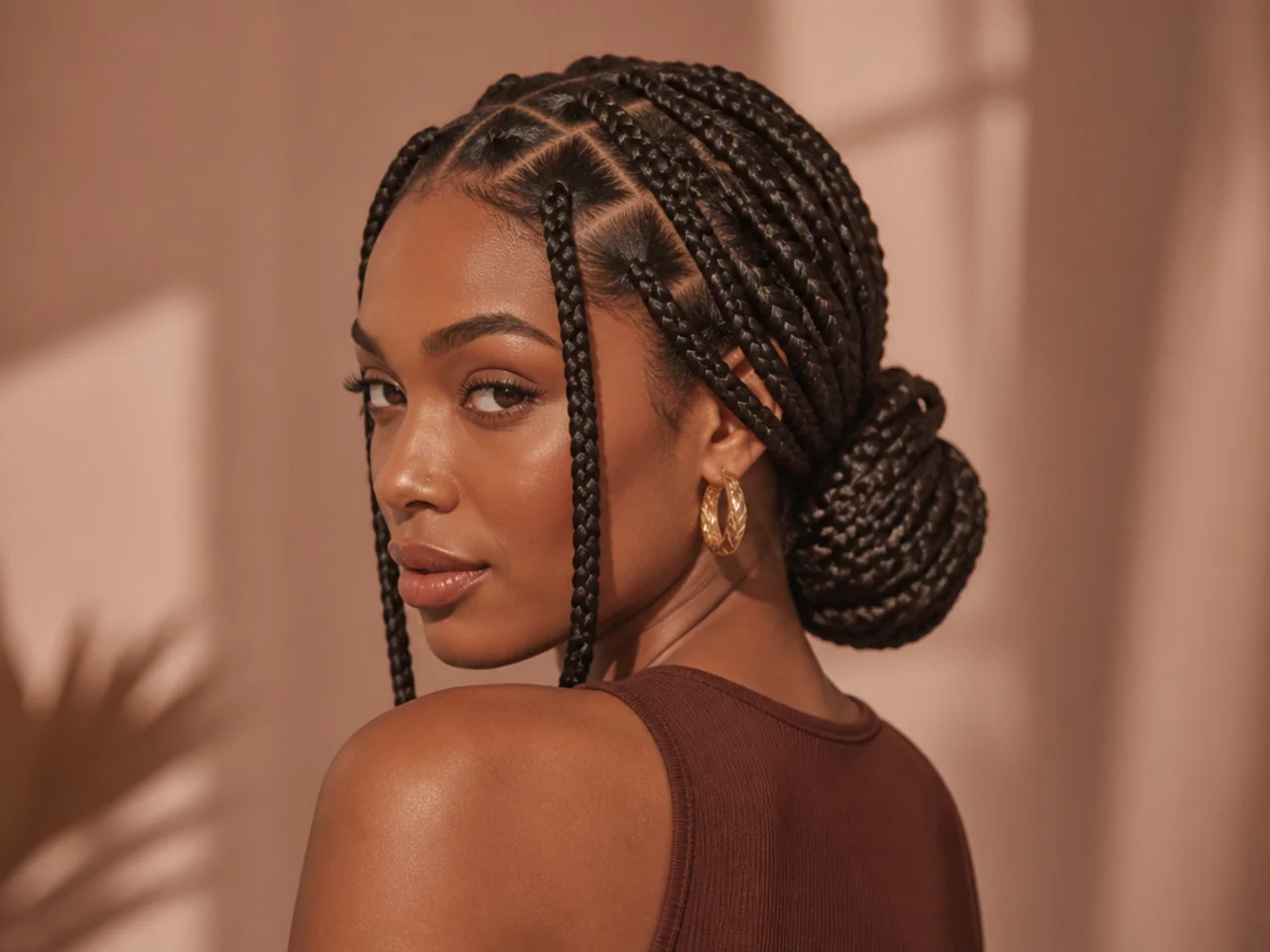 Large knotless braids coiled into a low bun