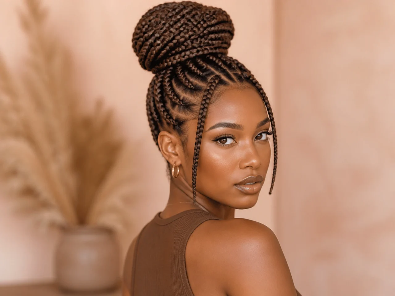 Large knotless braids in a high bun