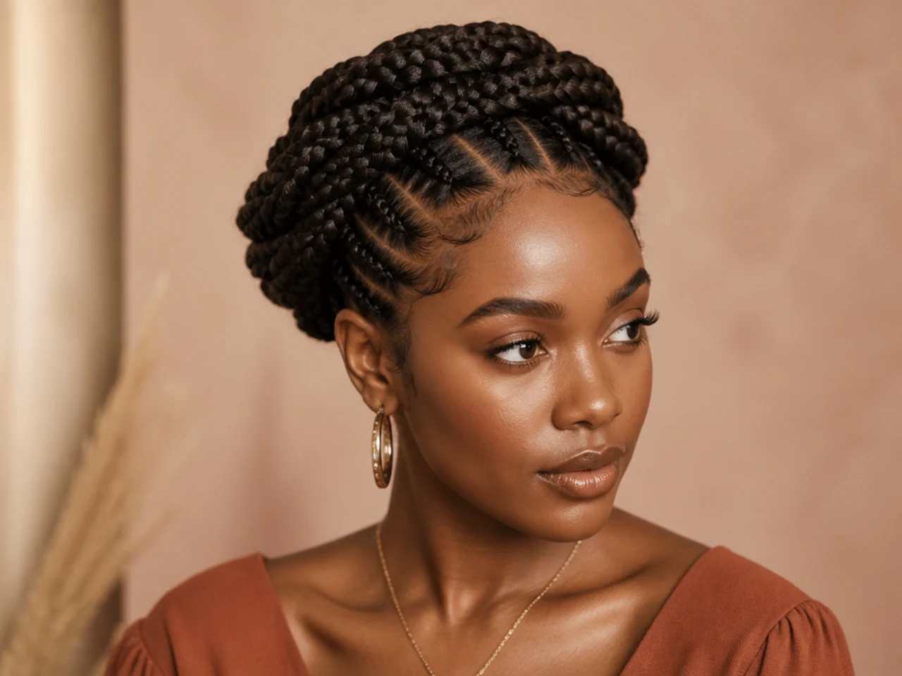 Braids wrapped around the crown and pinned